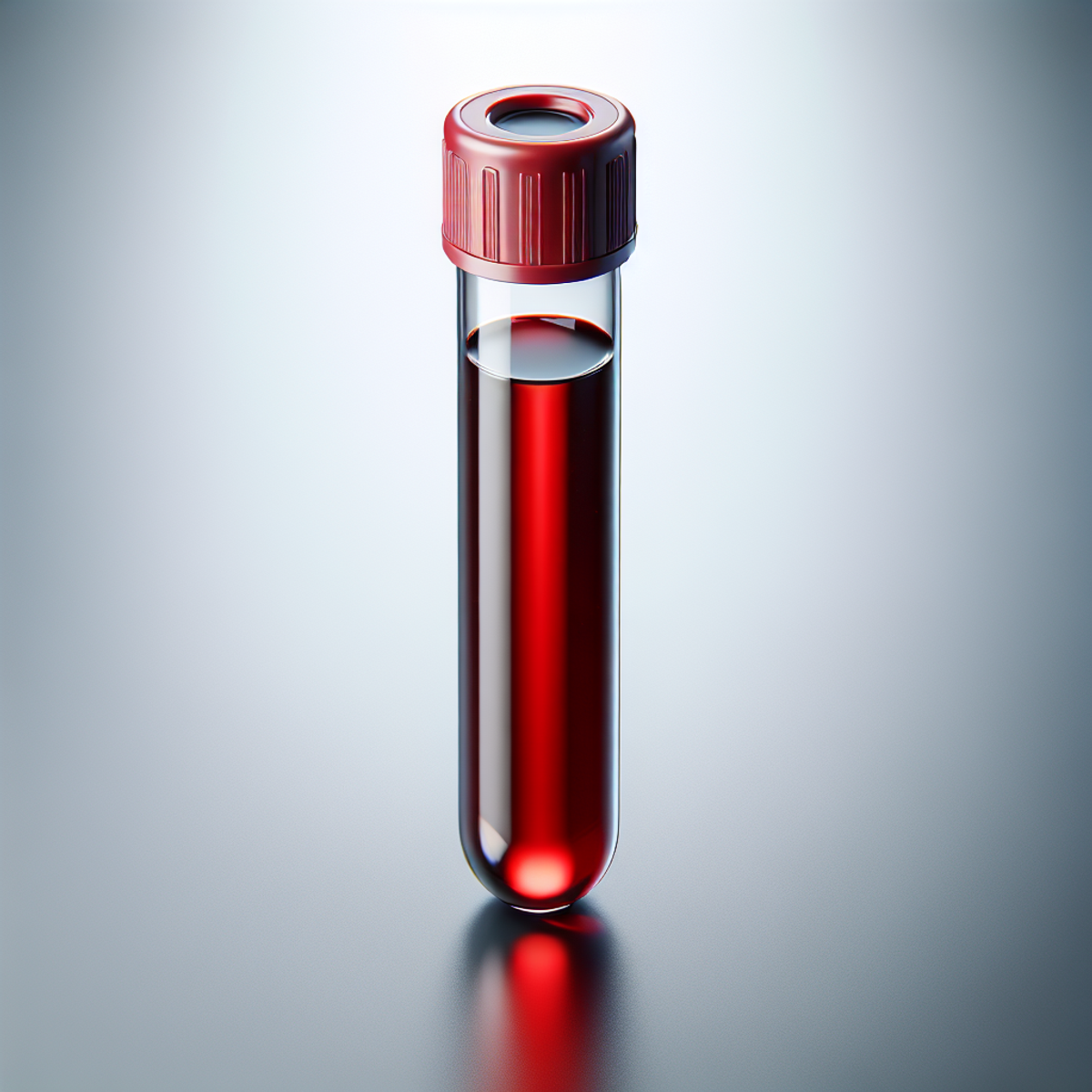 A close-up of a blood test tube filled with ruby-red liquid, sealed with a rubber lid, placed on a metallic surface.