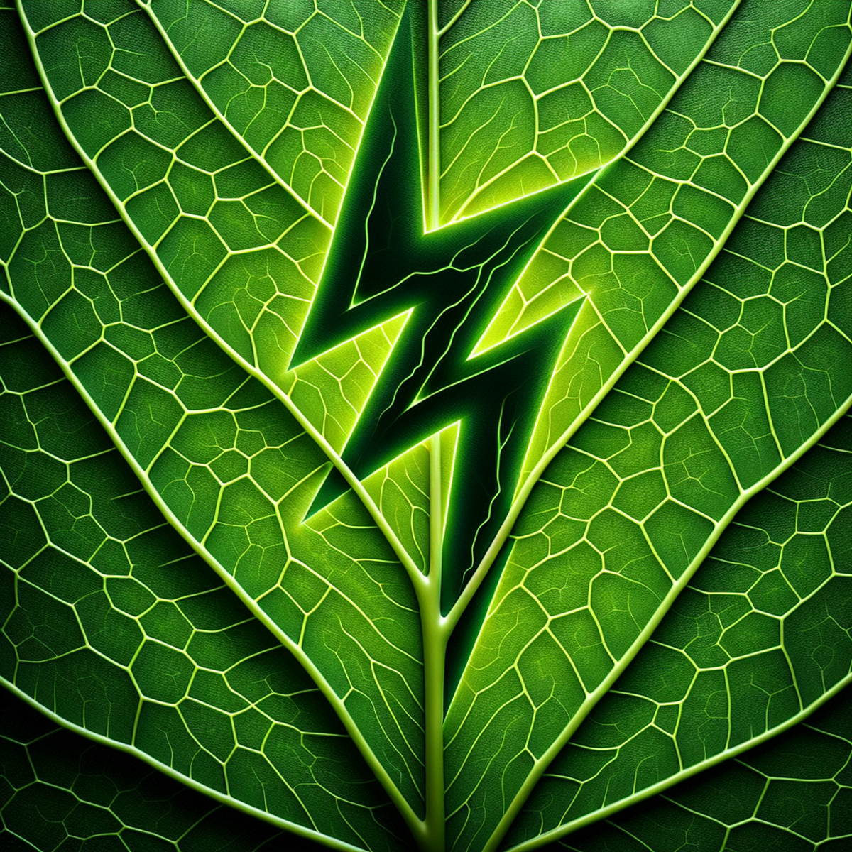 Vibrant green leaf with lightning bolt symbol integrated into vein structure.