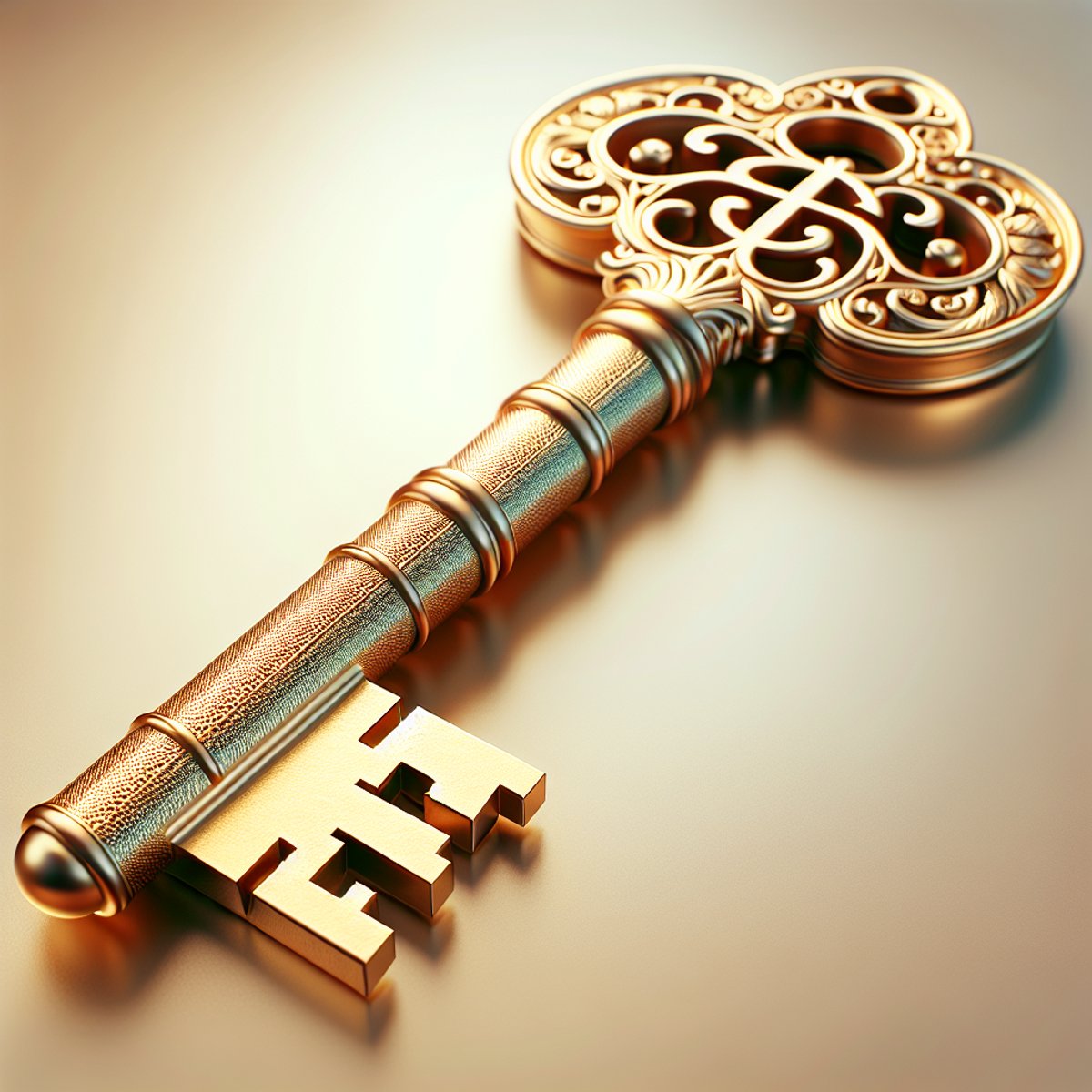 A close-up image of a richly designed golden key with intricate engravings, symbolizing wealth and prosperity.