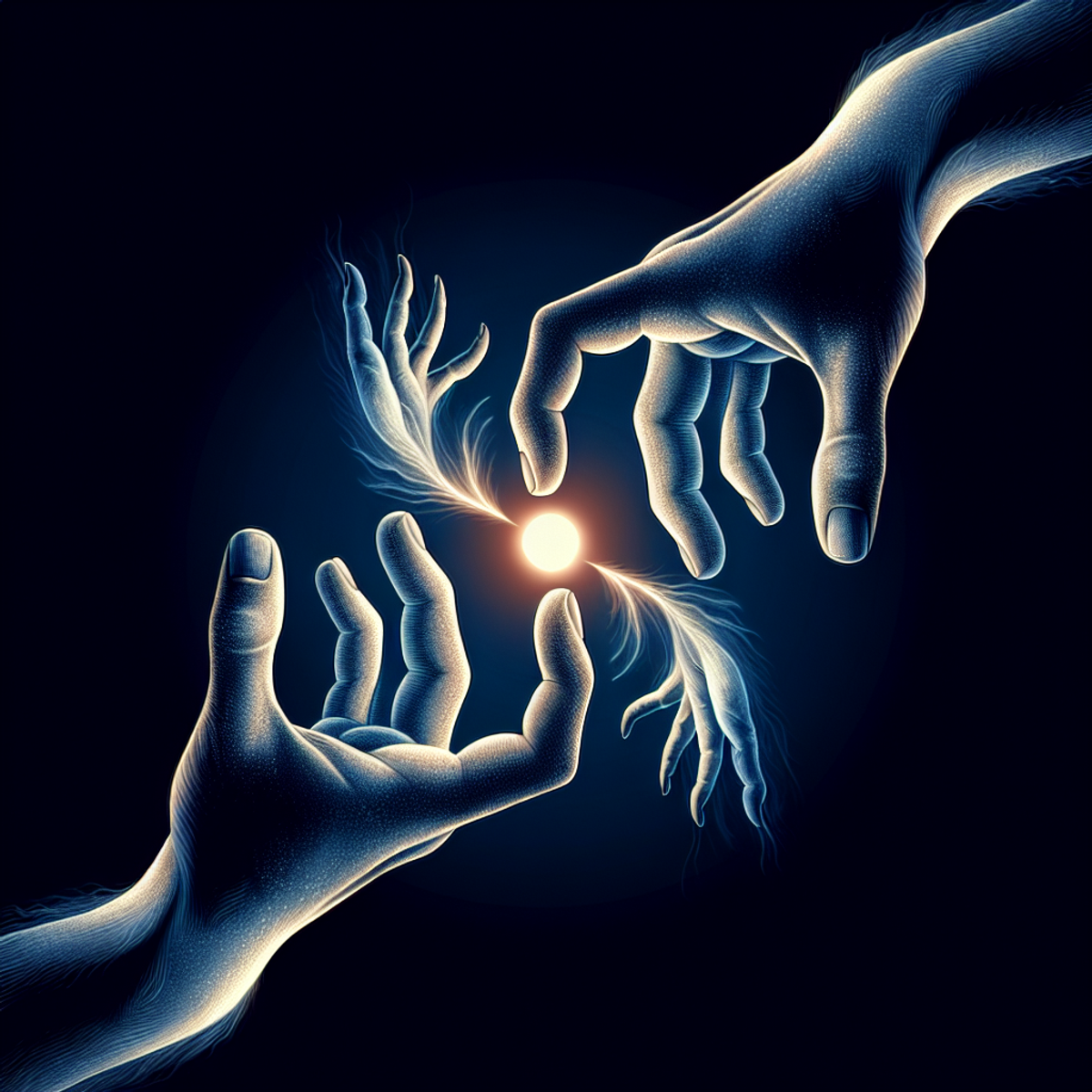 Two hands reaching towards each other, fingers intertwined in a deep bond of connection and understanding.