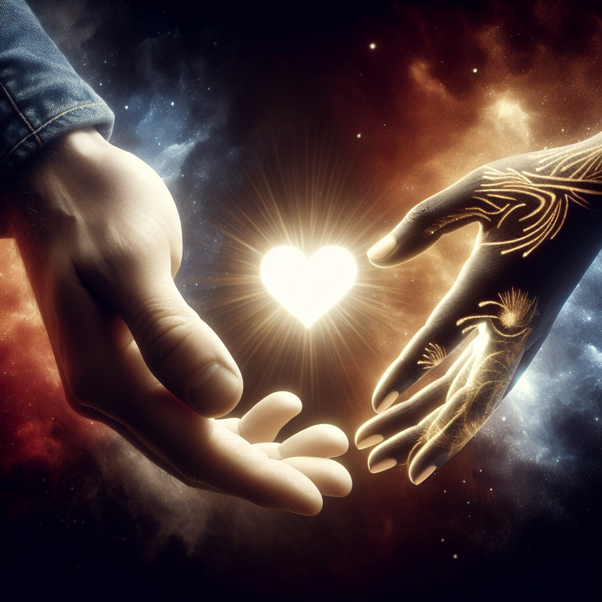 Interlocked hands of a Caucasian male and a Black female with a glowing heart in between representing soulmates.