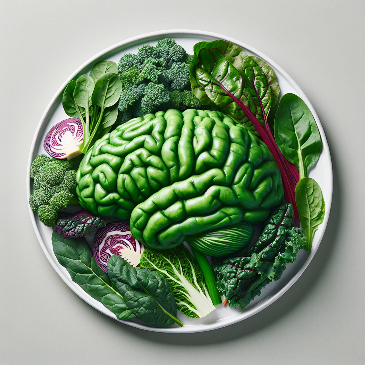 A plate of assorted leafy greens arranged to look like a brain.