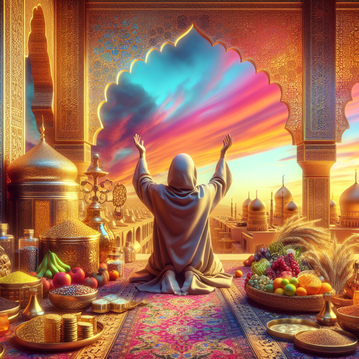 A person in modest attire, seated on their knees with hands raised towards a colorful sunset sky, surrounded by symbols of abundance and wealth in a M