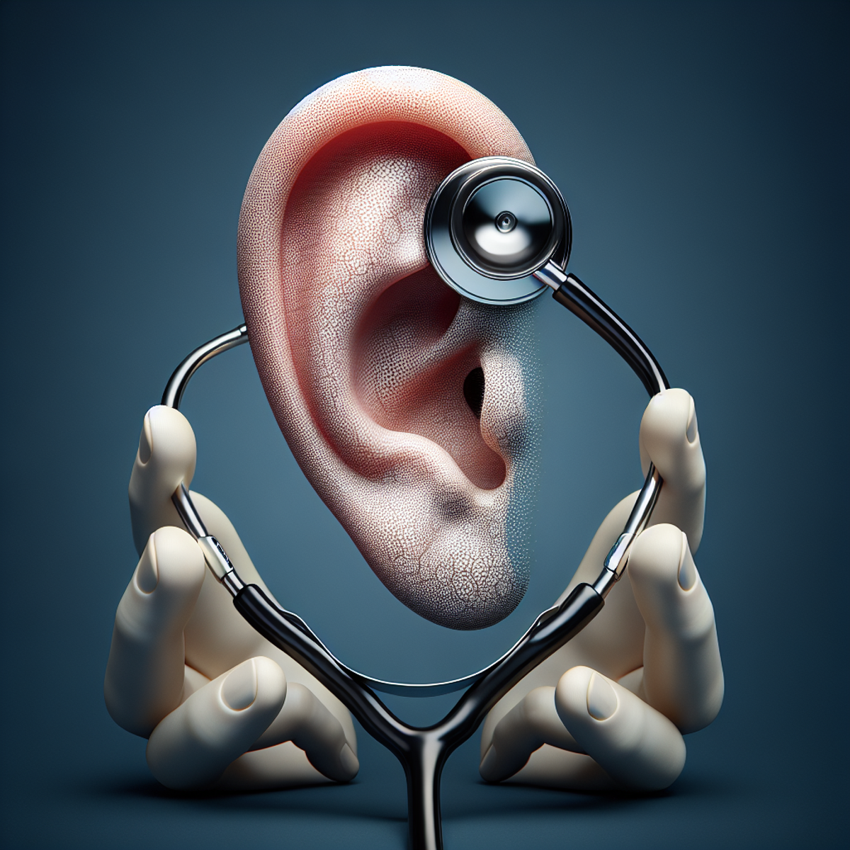 A close-up image of a human ear with a stethoscope draped over it.