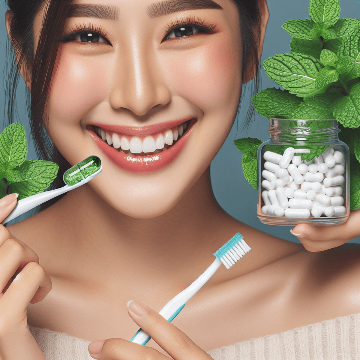 A smiling Asian woman is applying a dental health supplement to her teeth, surrounded by fresh mint leaves and a toothbrush, symbolizing modern oral c