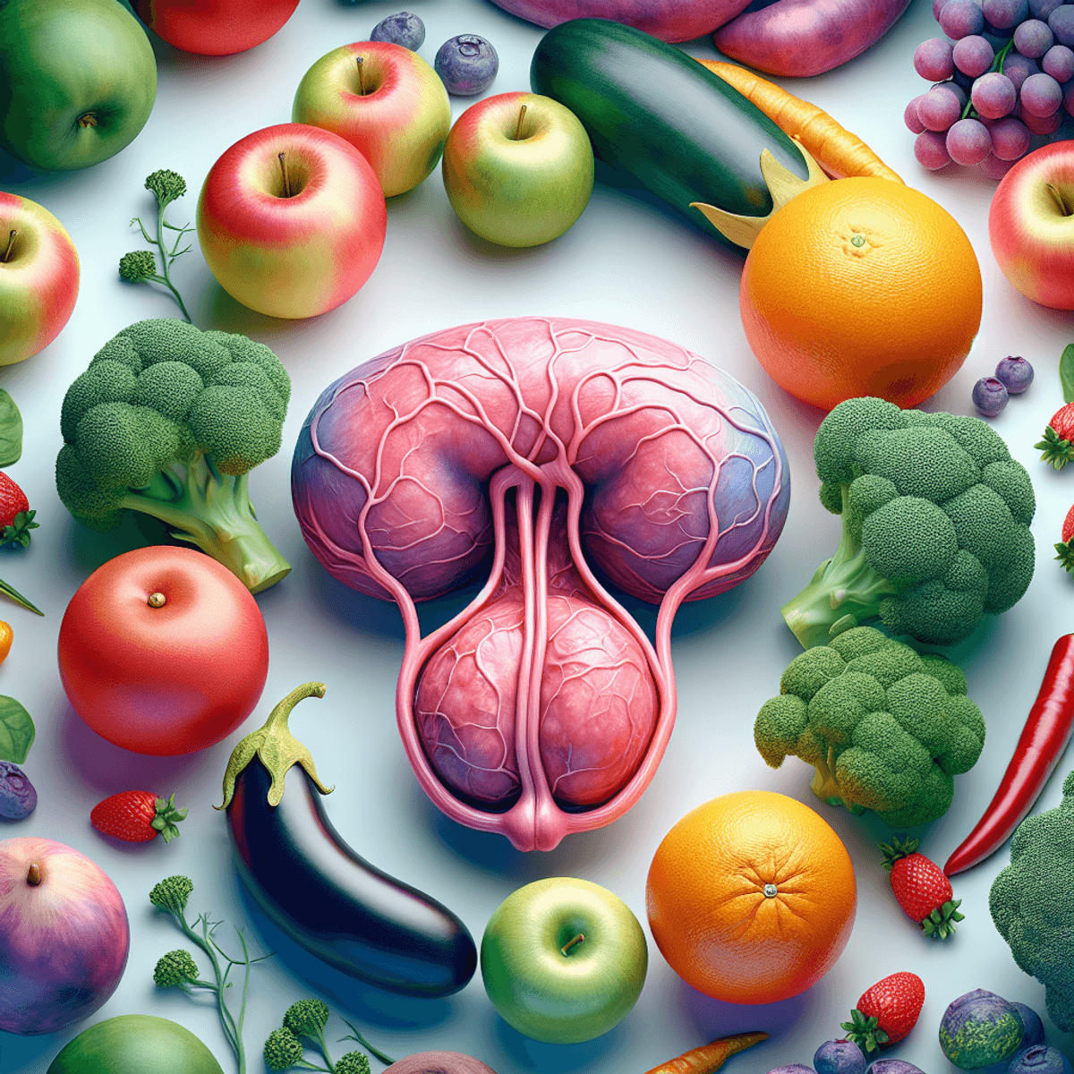 A healthy human prostate gland surrounded by a variety of real-looking fruits and vegetables, showcasing a range of color and size.