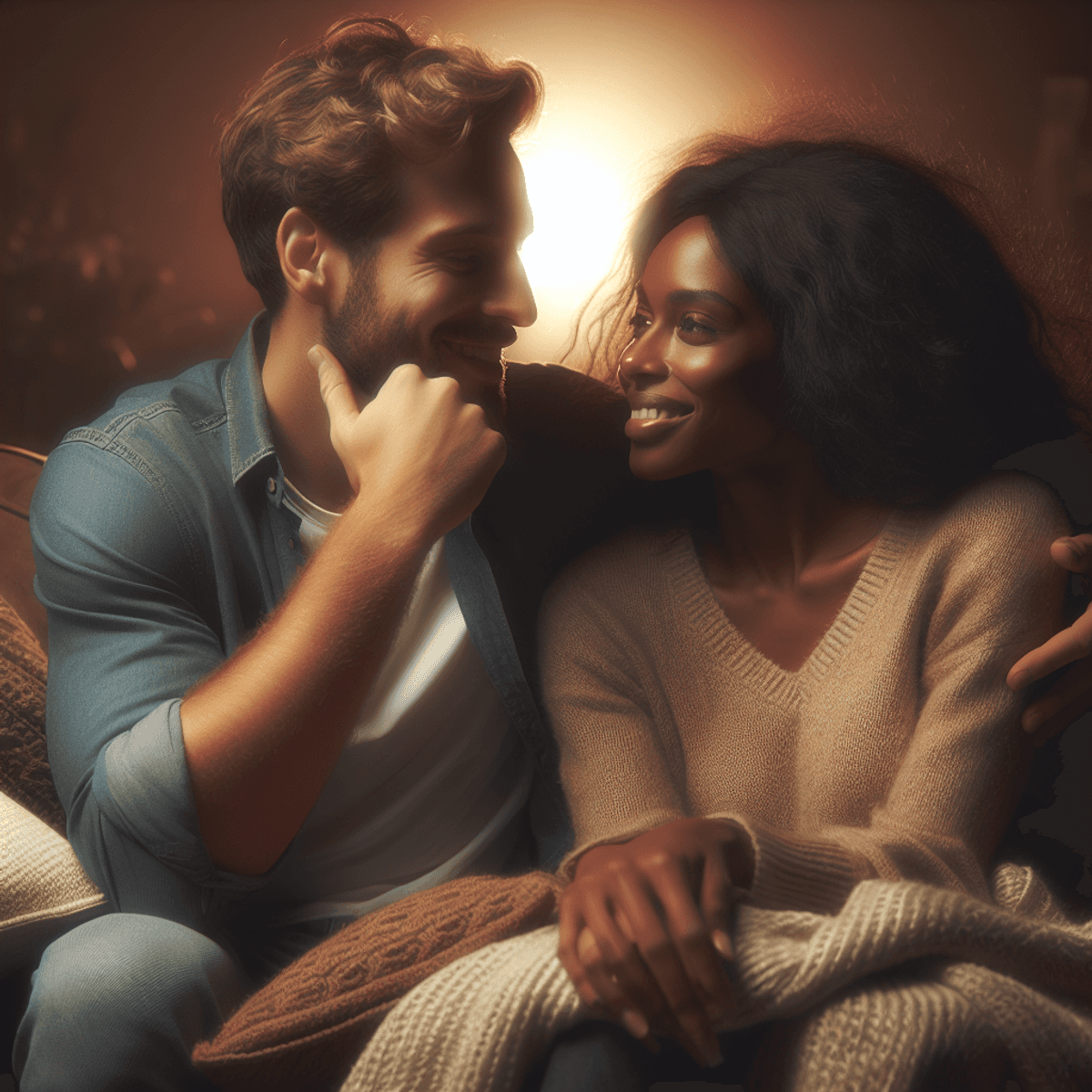 A Caucasian male and a Black female sit closely together on a plush couch, smiling and engaged in a deep conversation. The warm, soft lighting creates