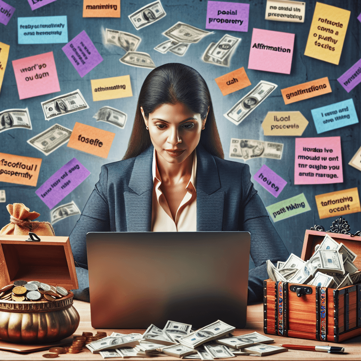 A focused South Asian woman with long dark hair sits at a wooden desk, intently working on her laptop. Surrounding her are symbols of financial prospe