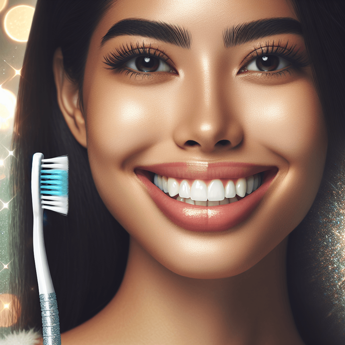 A South Asian female with a radiant smile showcasing pristine white teeth and healthy gums, exuding confidence and vitality. The background is bright