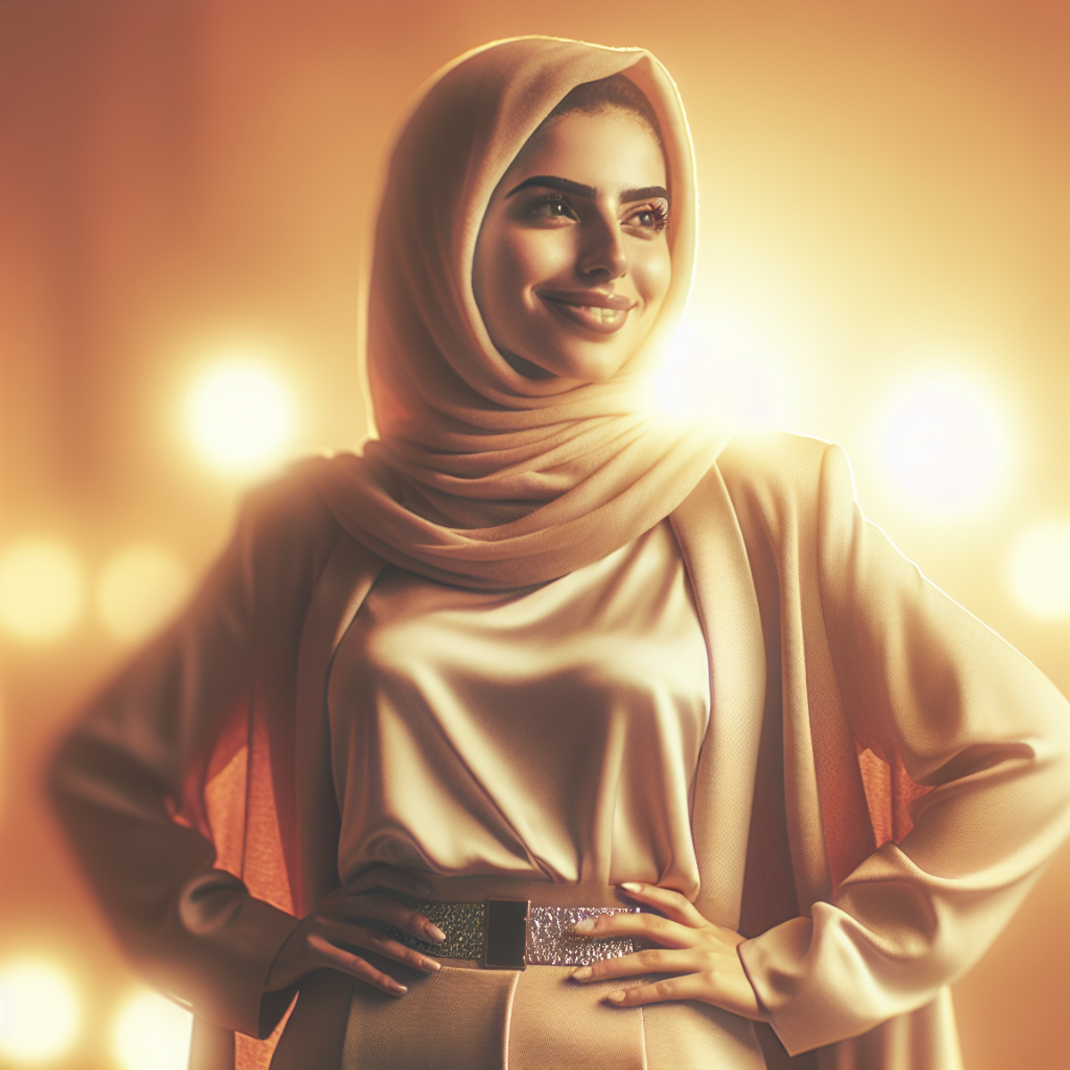 A confident Middle Eastern woman standing tall with a proud smile on her face, emanating self-assurance and charisma.