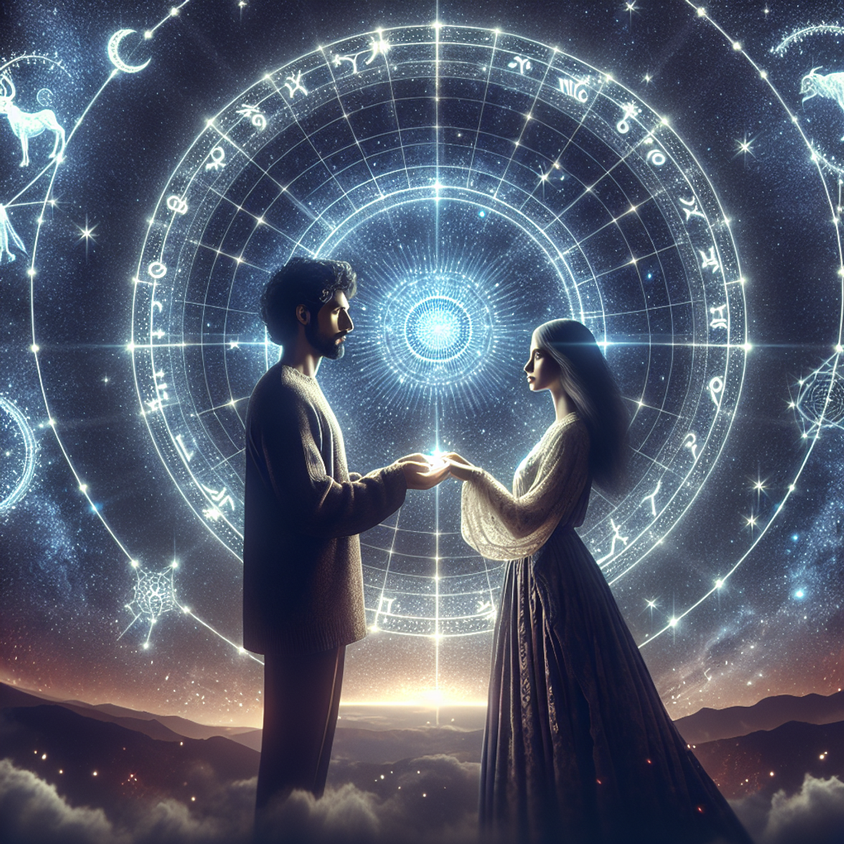 A South Asian man and a Hispanic woman firmly holding hands under a starry night sky with a zodiac wheel softly embedded into the ground.