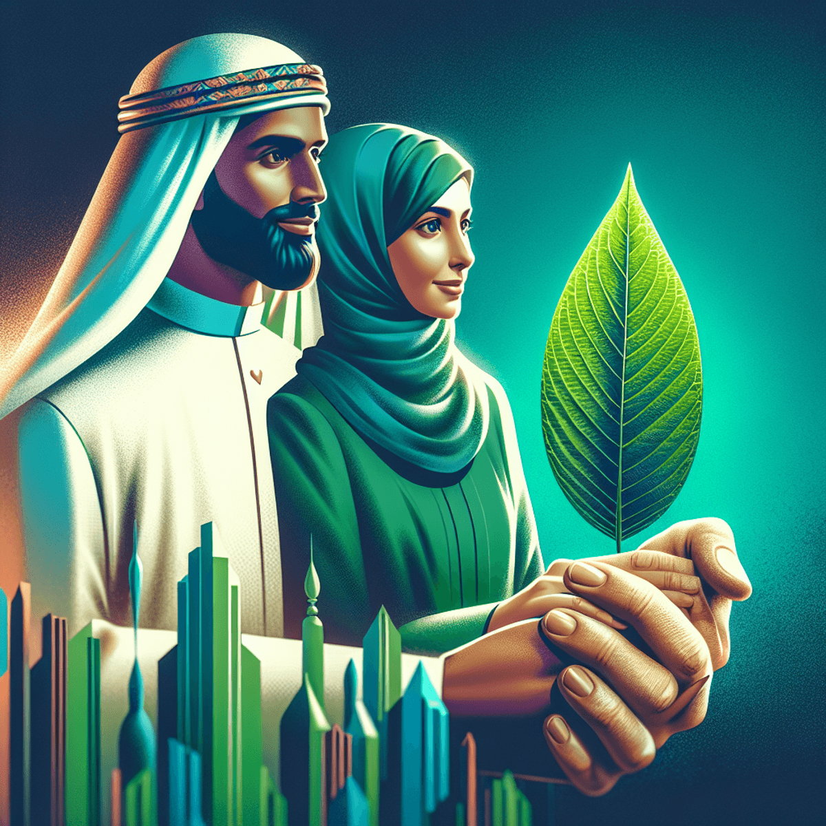 A Middle-Eastern man and a Hispanic woman hold hands, surrounded by a vibrant green leaf, symbolizing hope and natural remedies for intimacy and satis