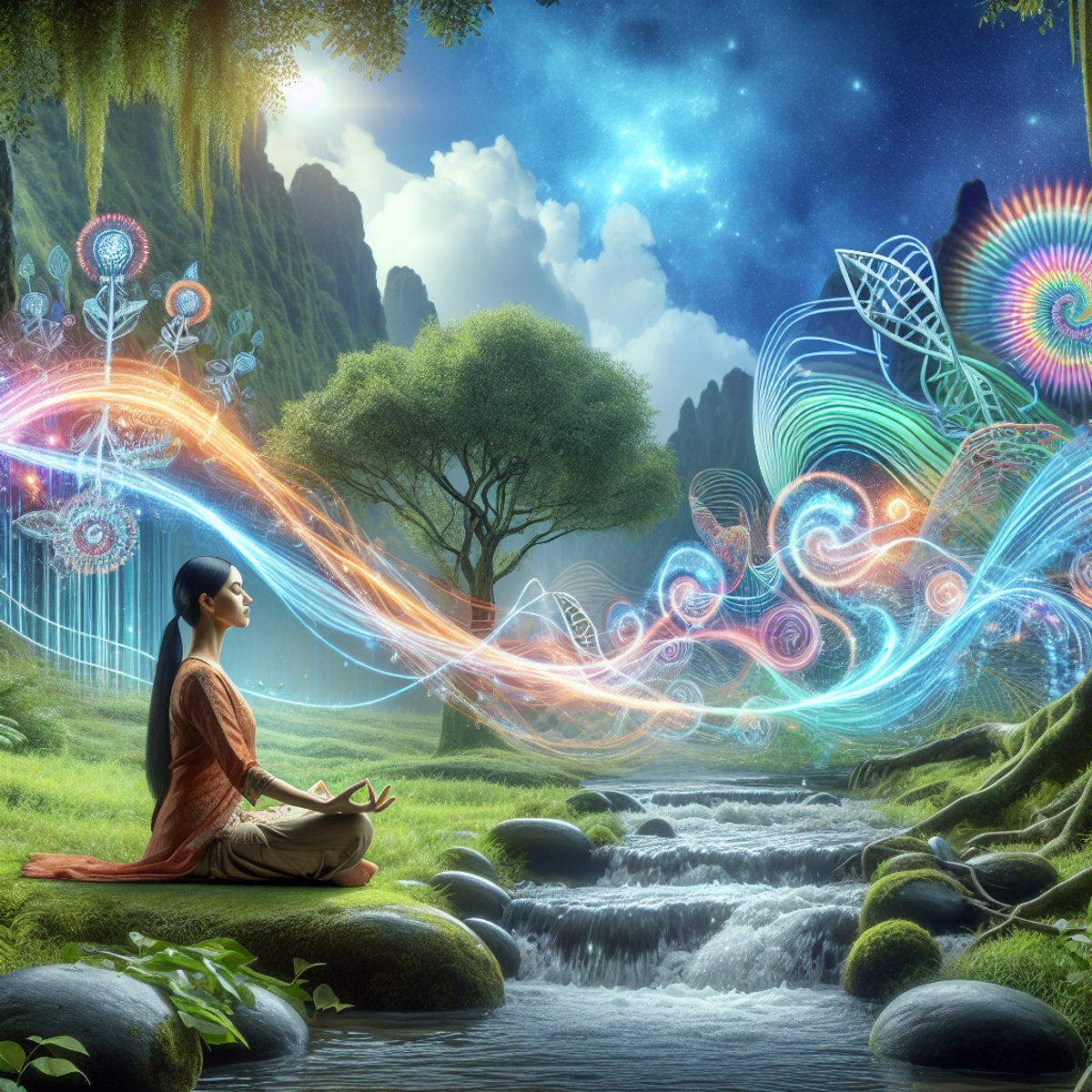 A South Asian woman meditating in a serene natural environment, surrounded by vibrant sound waves and elaborate DNA strands.