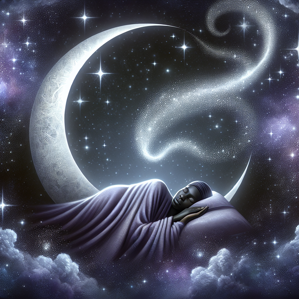 A black woman wrapped in soft purple robes lying peacefully under a serene night sky filled with stars and a silver crescent moon.