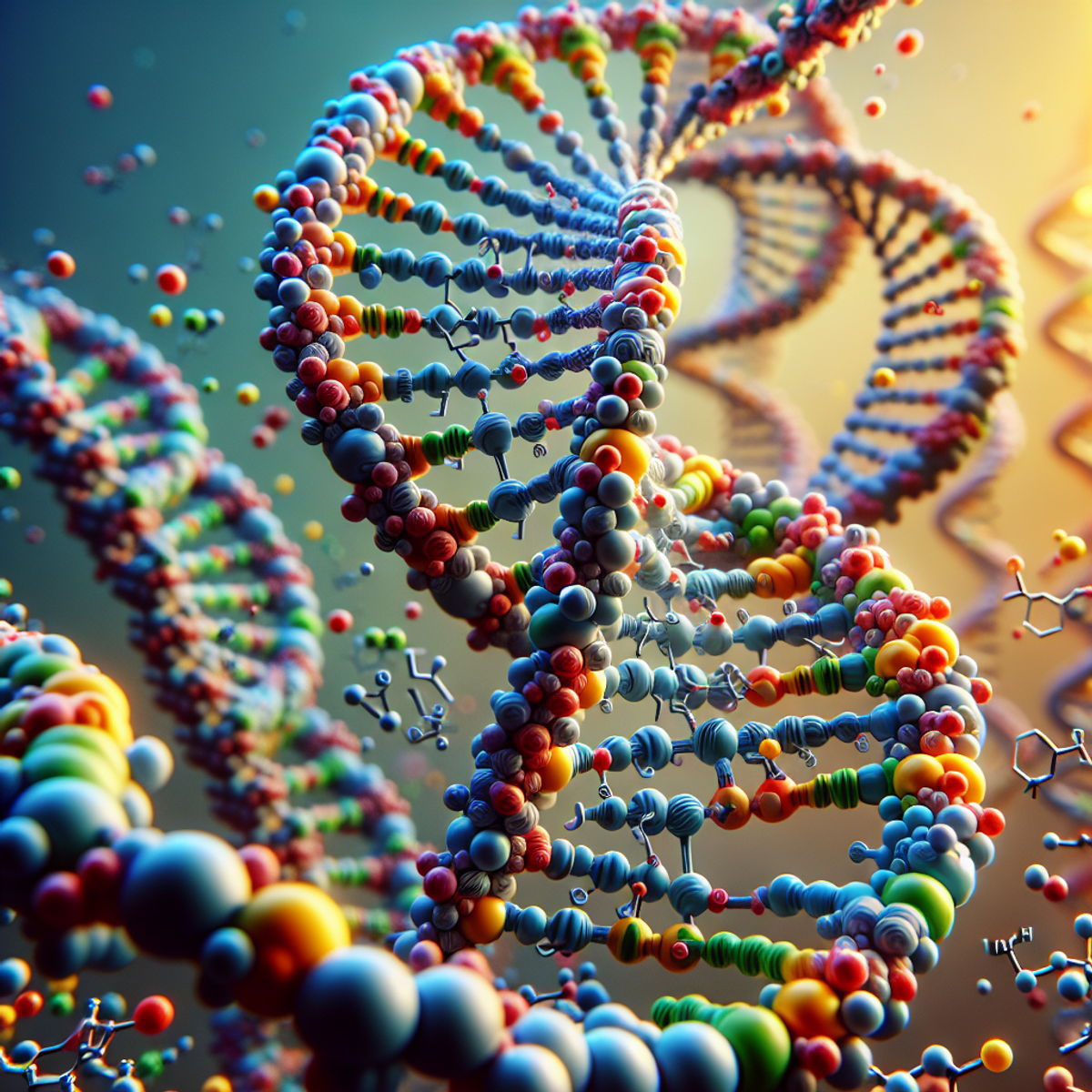 A highly detailed, three-dimensional illustration of a DNA molecule with its iconic double helix structure, represented in a realistic style. The back