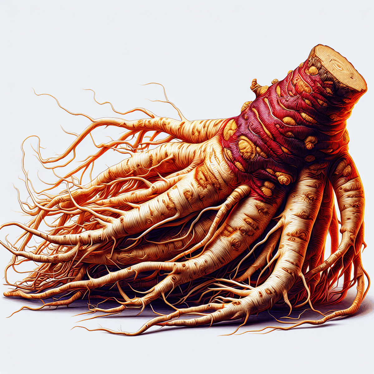 A close-up image of a Chinese ginseng root with intricate texture and surface details.