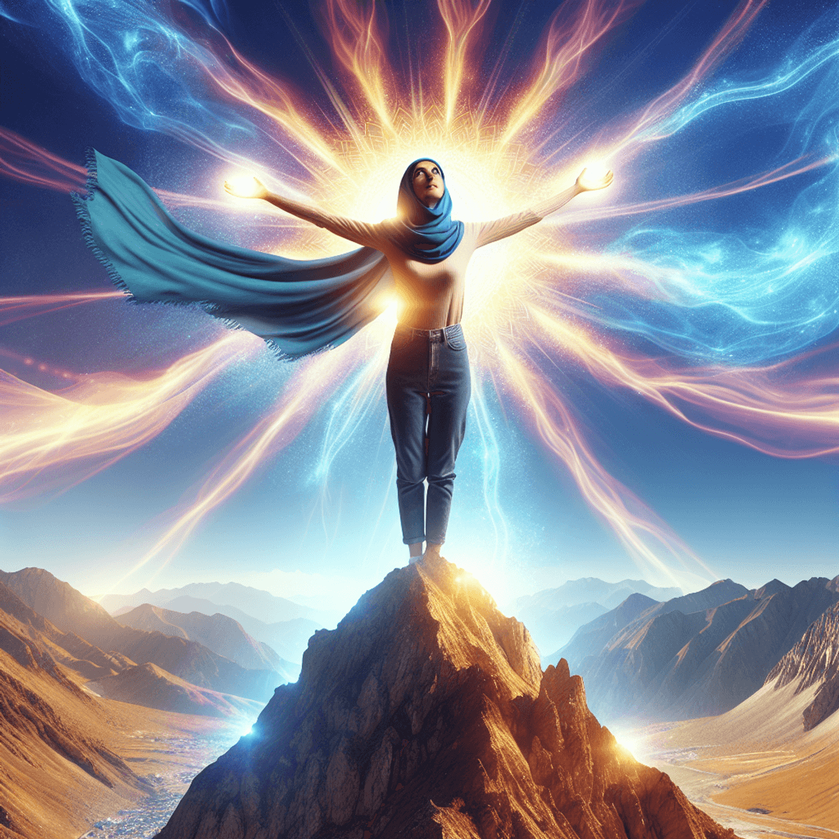 A woman standing on a mountain with arms outstretched, surrounded by a radiant aura of light.