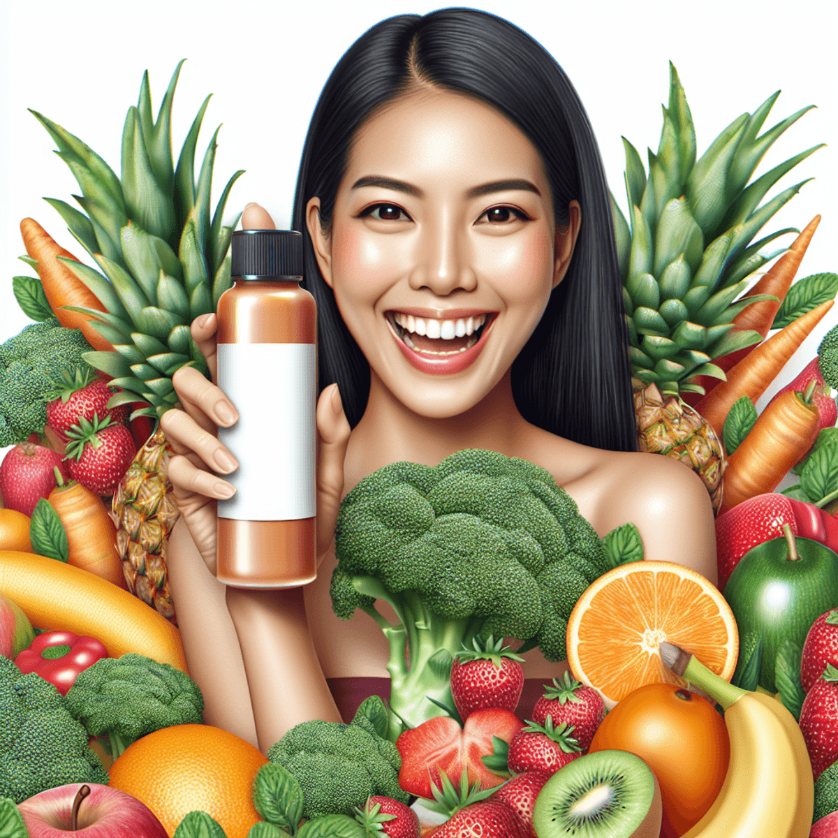 A South Asian woman cheerfully holding a bottle of skincare product surrounded by vibrant fruits and vegetables.