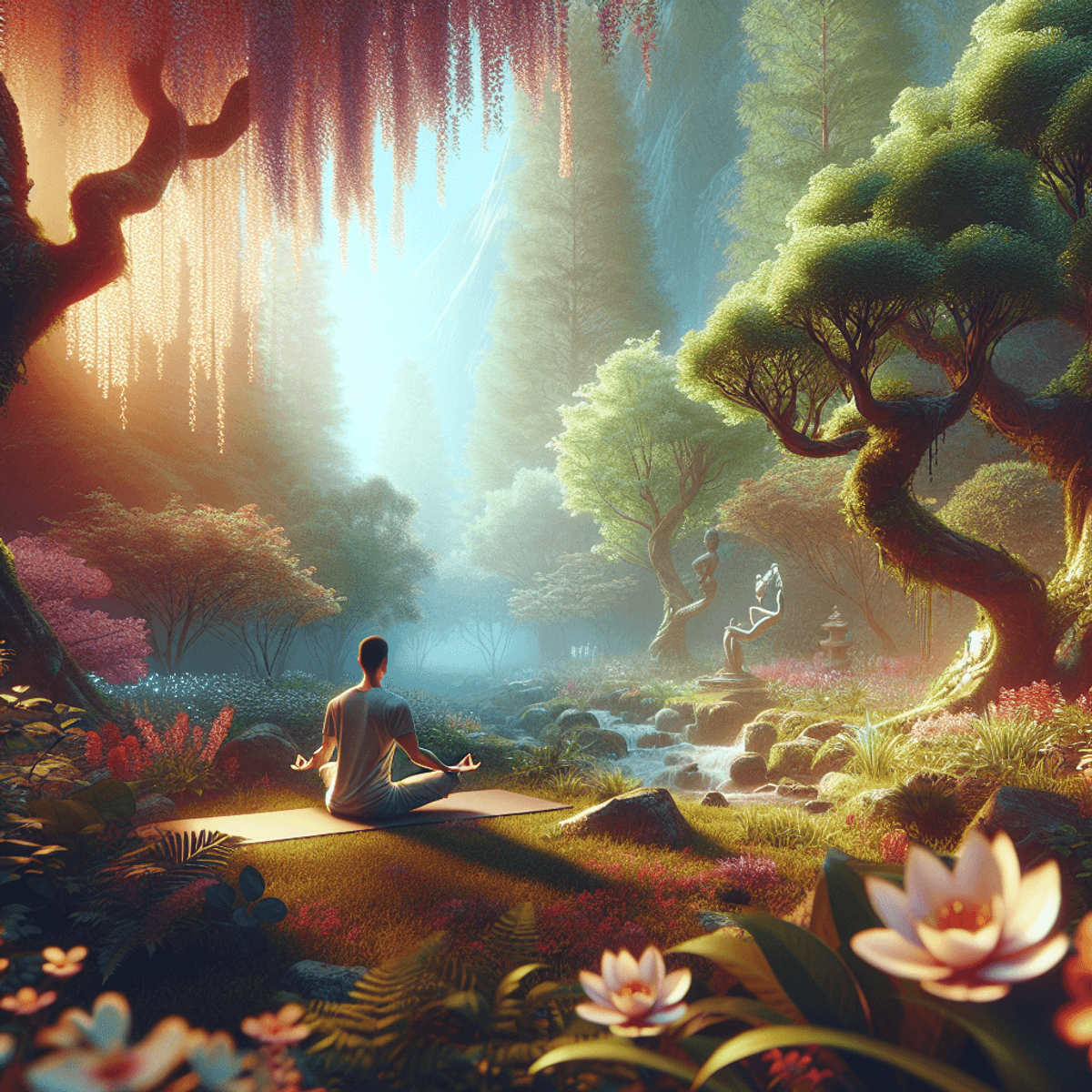 A serene outdoor scene featuring a person of Asian descent practicing yoga on a soft, grassy area surrounded by lush green trees and blooming flowers.