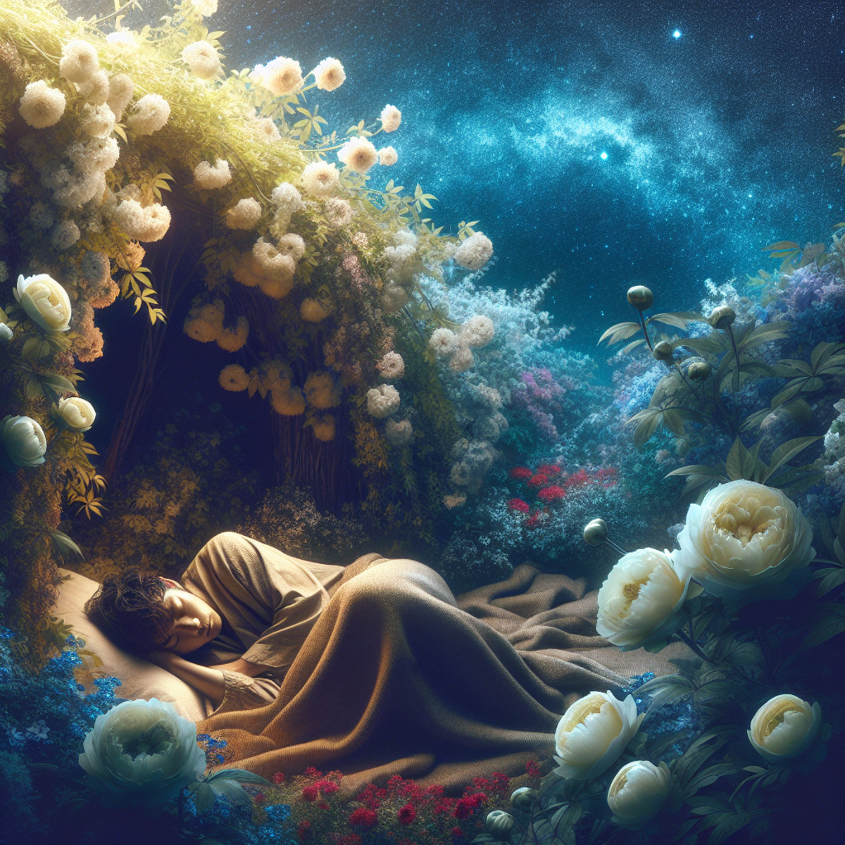 A person sleeping peacefully amidst blooming flowers under a starlit night sky.