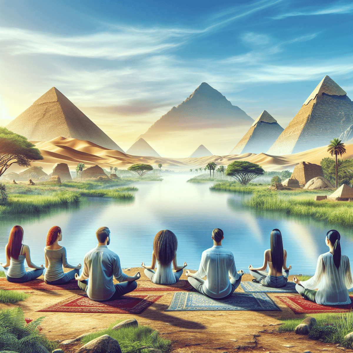 A serene ancient Egyptian landscape featuring prominent pyramids under a clear blue sky, with the lush banks of the Nile River. In the foreground, thr