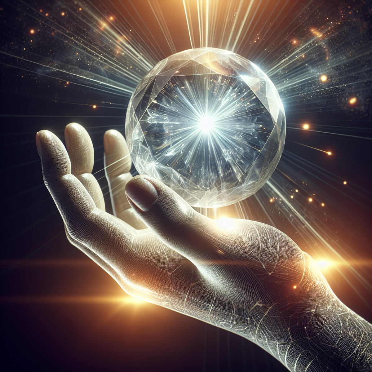 A hand holding a glowing crystal ball.