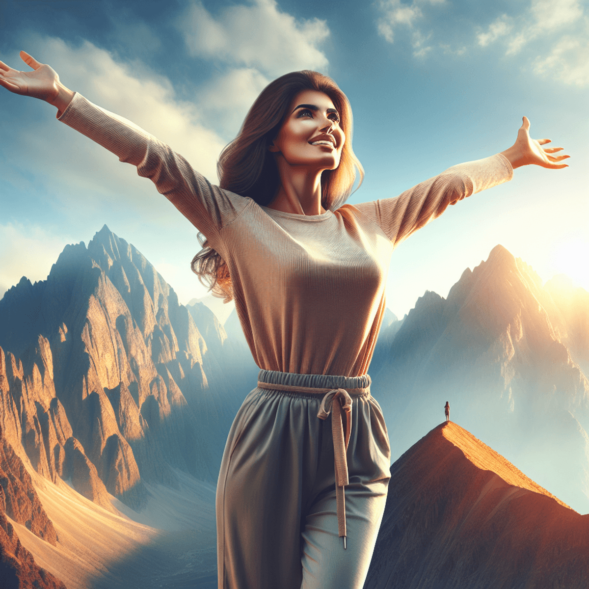 A Middle-Eastern woman standing triumphantly at the peak of a grand mountain with arms outstretched and a radiant smile.