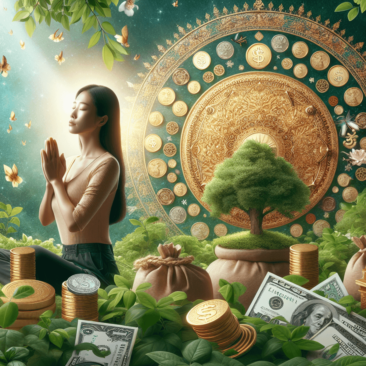 An Asian woman in a prayer position sits serenely at the center of a lush, green setting, surrounded by piles of shimmering coins and scattered dollar