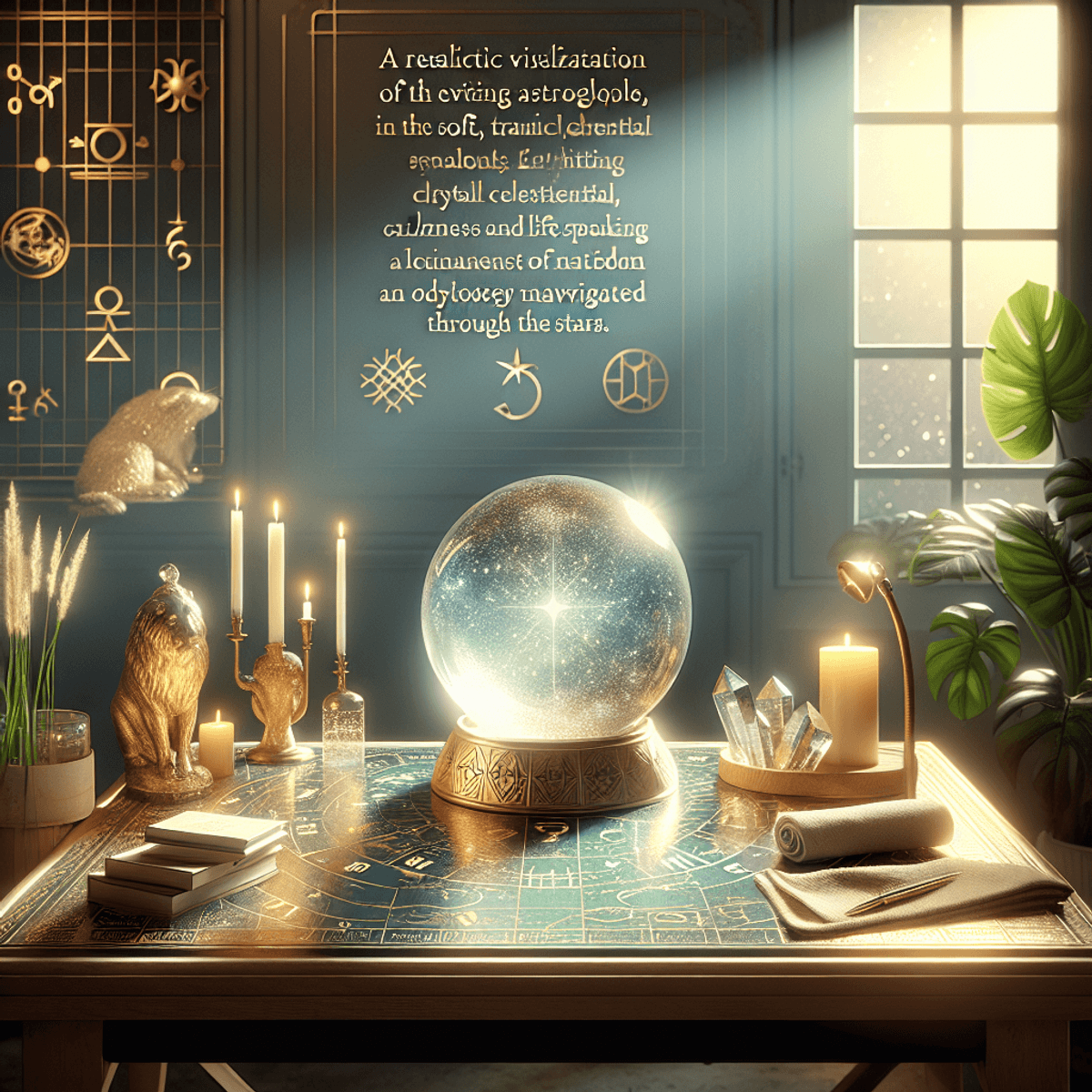 A serene astrologer's workspace featuring a wooden desk adorned with astrological symbols and celestial body representations. At the center, a glowing