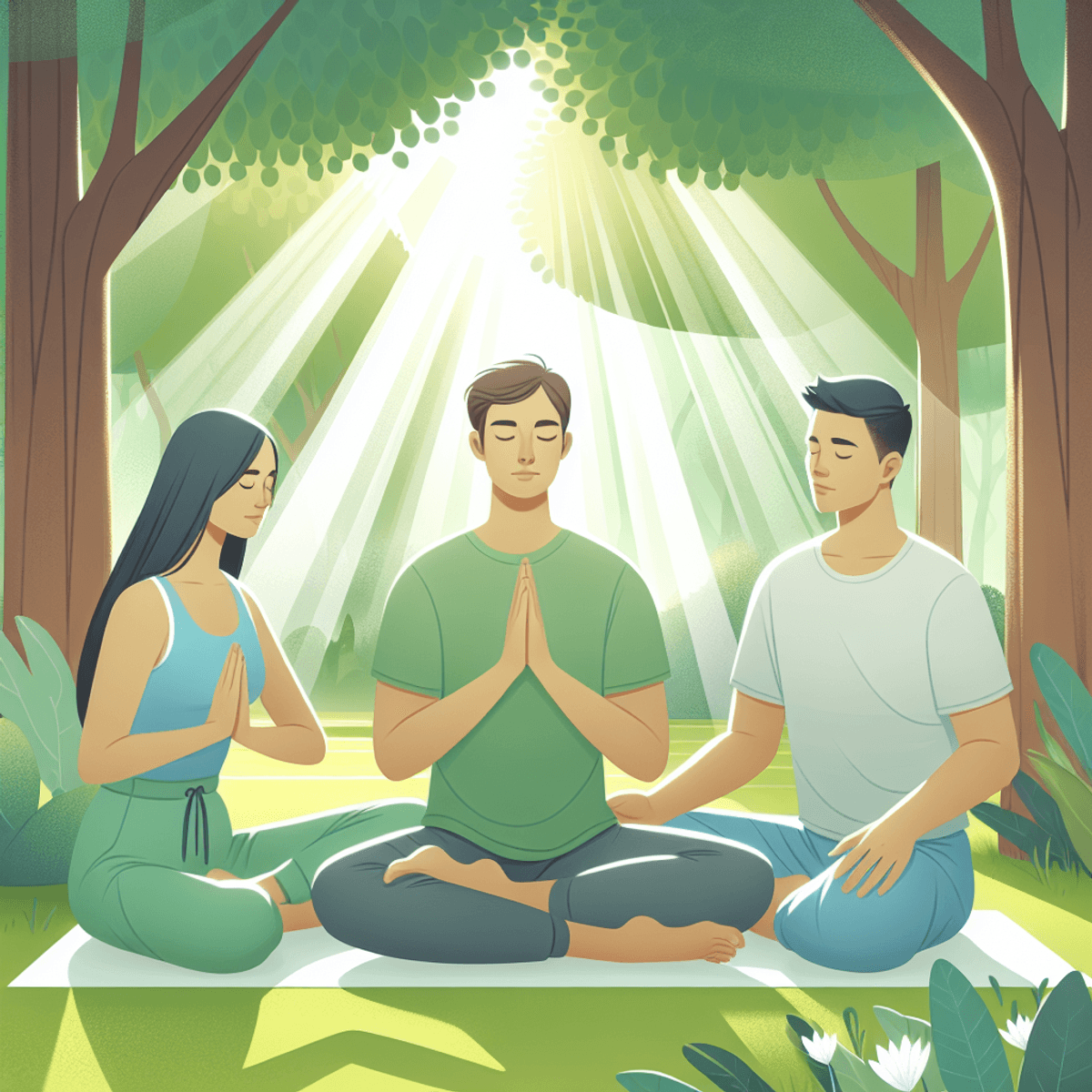 A serene outdoor scene featuring three individuals practicing soothing exercises beneath a lush canopy of green trees. A focused Caucasian woman, a co