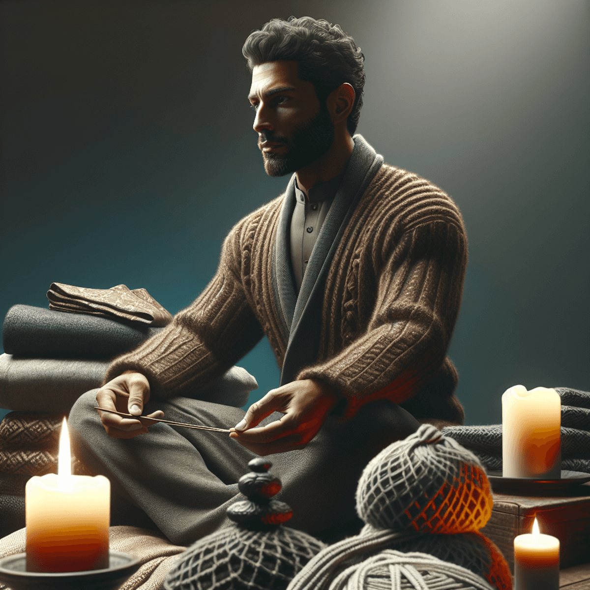 A serene Middle-Eastern man with a calm expression sits cross-legged on a soft woolen blanket in a dimly lit room. The warm glow of candlelight flicke