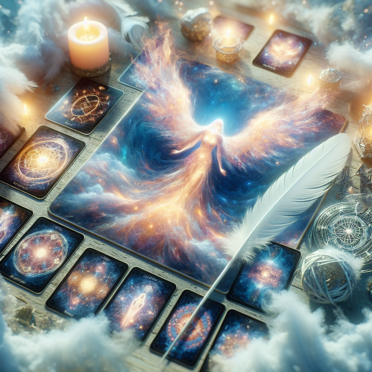 A spread of luminescent oracle cards surrounded by feathers and angelic symbols.