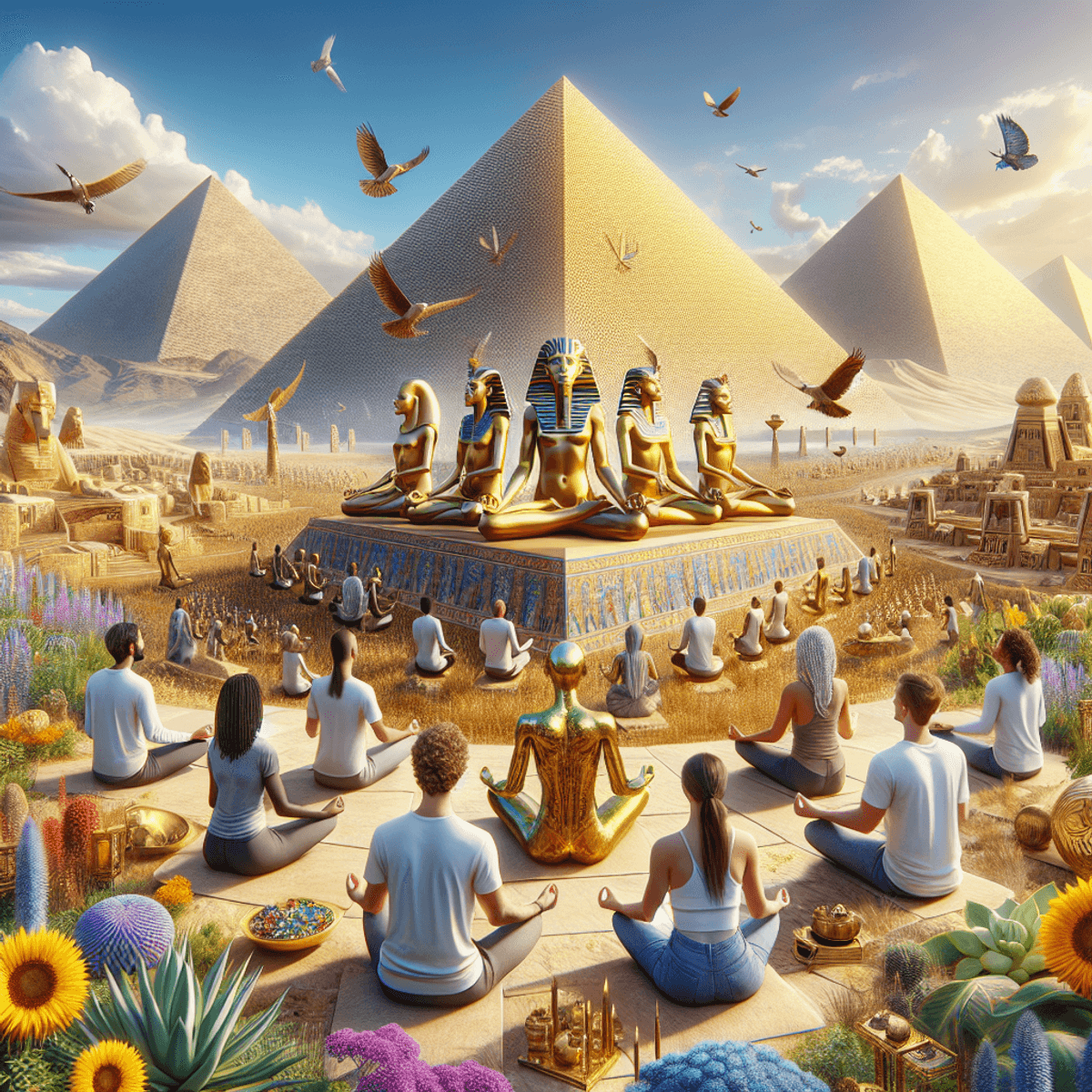 A serene ancient Egyptian landscape with harmonious pyramid structures under a clear blue sky. A diverse group of people, including a Caucasian, Hispa