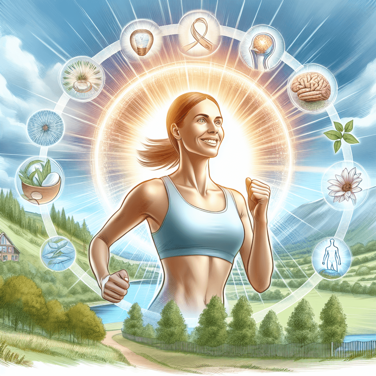 A woman jogging in a park, smiling and radiating health and happiness.