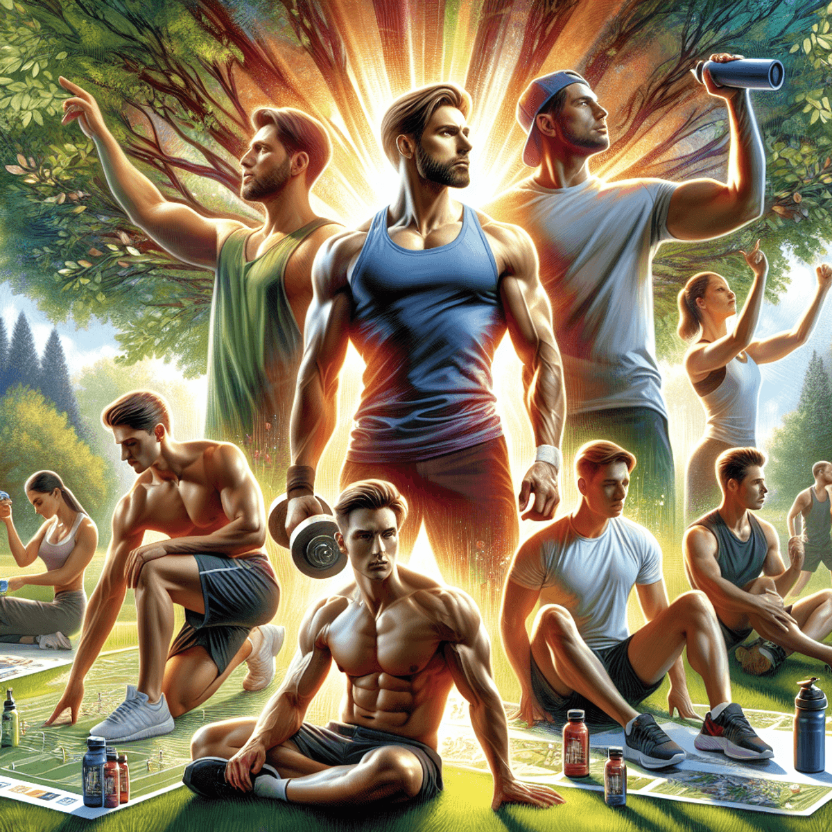 A diverse group of athletic males, including a Caucasian man and a Hispanic man, are engaged in various outdoor exercises amidst lush greenery and dap