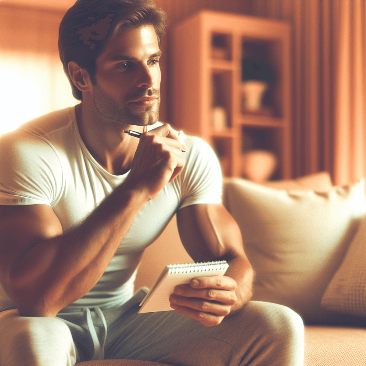 A fit and healthy Caucasian man in his 30s sits comfortably on a cozy couch, looking relaxed and thoughtful as he holds a notepad and pen. The warm an