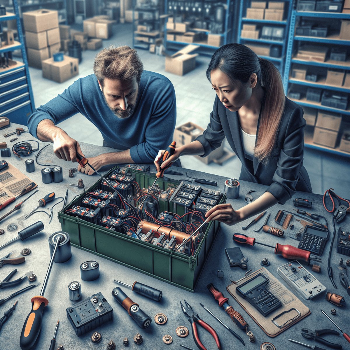 A Caucasian man and an Asian woman are working together in a well-lit workshop, surrounded by various tools and equipment. The man is focused on using