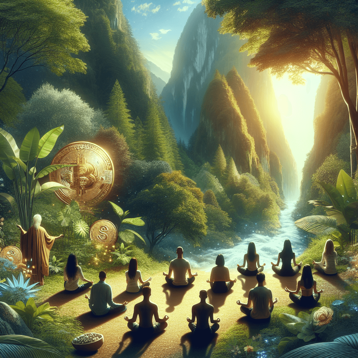 A diverse group of individuals, including Caucasian, Asian, and Hispanic descent, peacefully meditating in a lush green forest. Sunlight filters throu