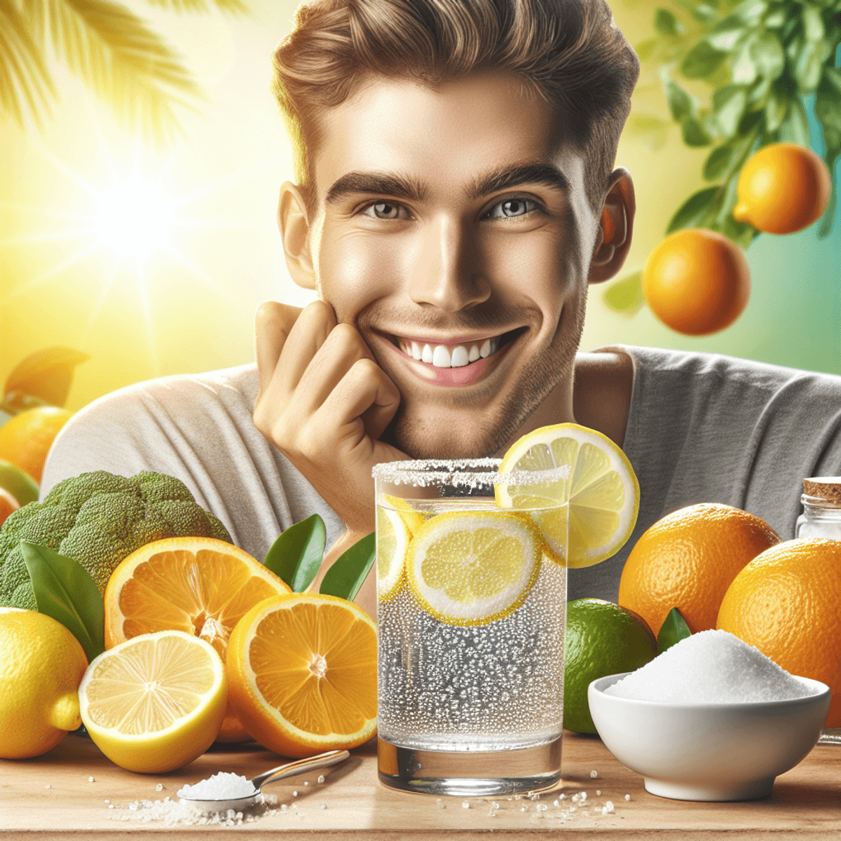 A Caucasian individual cheerfully holds a transparent glass filled with a homemade electrolyte drink, surrounded by fresh lemons and oranges. In the b