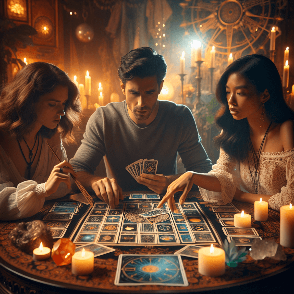 A Caucasian woman, Hispanic man, and Asian woman are seated around an ornate table covered with a spread of tarot cards, engaged in a deep discussion.