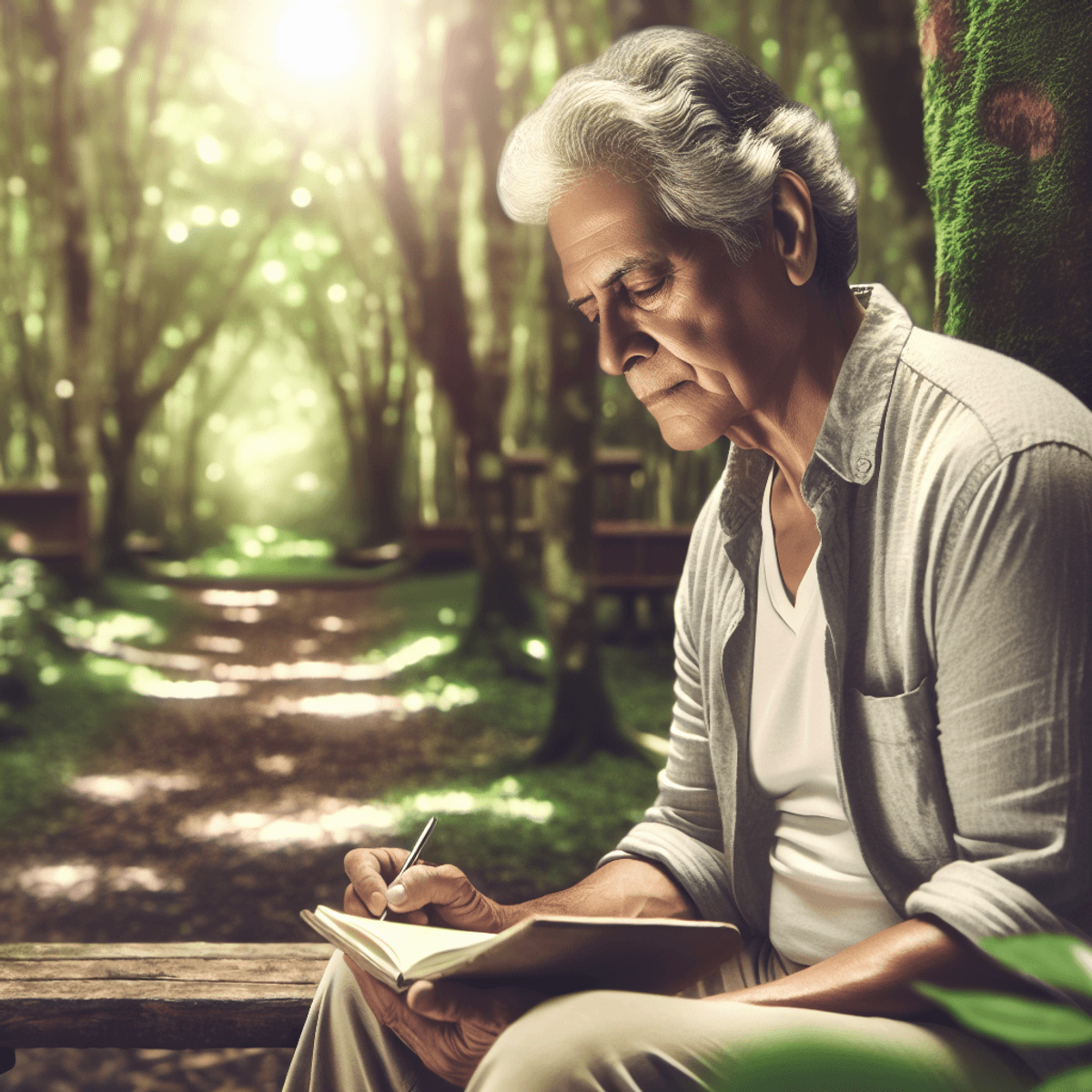 An older Hispanic man sitting on a wooden bench in a lush outdoor setting, surrounded by green trees and dappled sunlight filtering through the leaves