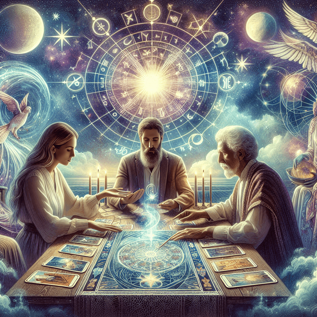 A peaceful astral scene depicting three individuals engaged in a tarot reading session: a Caucasian female, a Middle-Eastern male, and a Hispanic elde