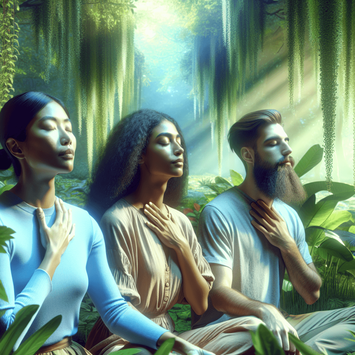 A serene outdoor scene featuring a South Asian woman, an Hispanic man, and a Caucasian man engaged in breathwork therapy. Each participant displays a