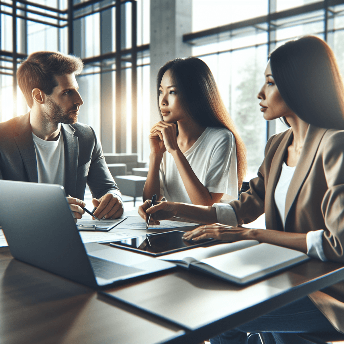 A Caucasian man, an Asian woman, and a Hispanic woman are sitting around a table in a modern office, engaged in a focused discussion on financial stra