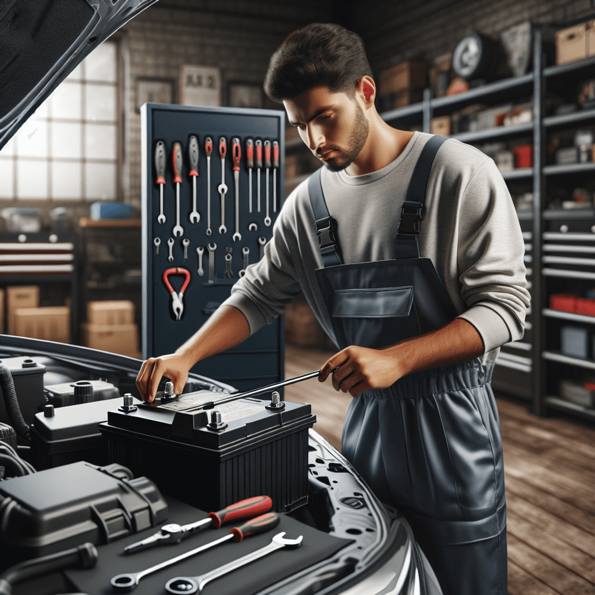 A Hispanic mechanic in a work uniform carefully inspects a car battery in a well-equipped garage, surrounded by an array of tools and equipment that r