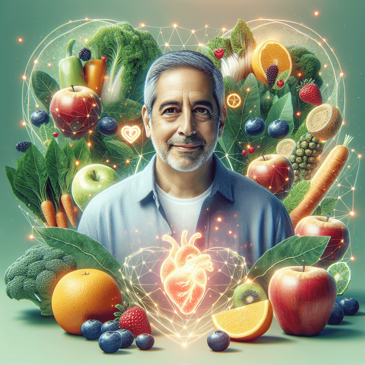 A middle-aged Hispanic man with a serene expression sits at the center of a bright and inviting scene, surrounded by an array of fresh fruits and vege