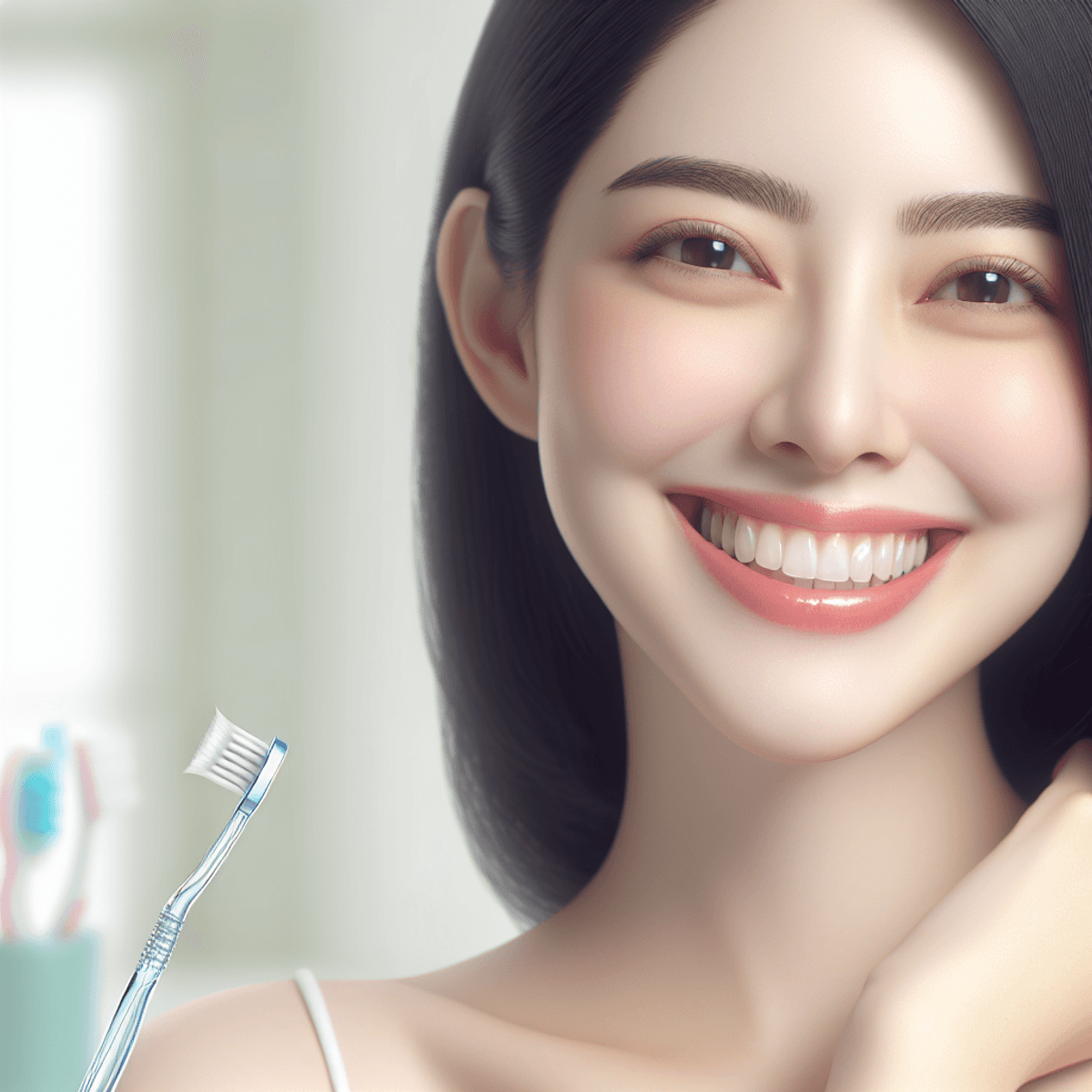 A jovial young woman of East Asian descent smiles confidently, showcasing her healthy, slightly yellow-tinted teeth. The bright and inviting atmospher