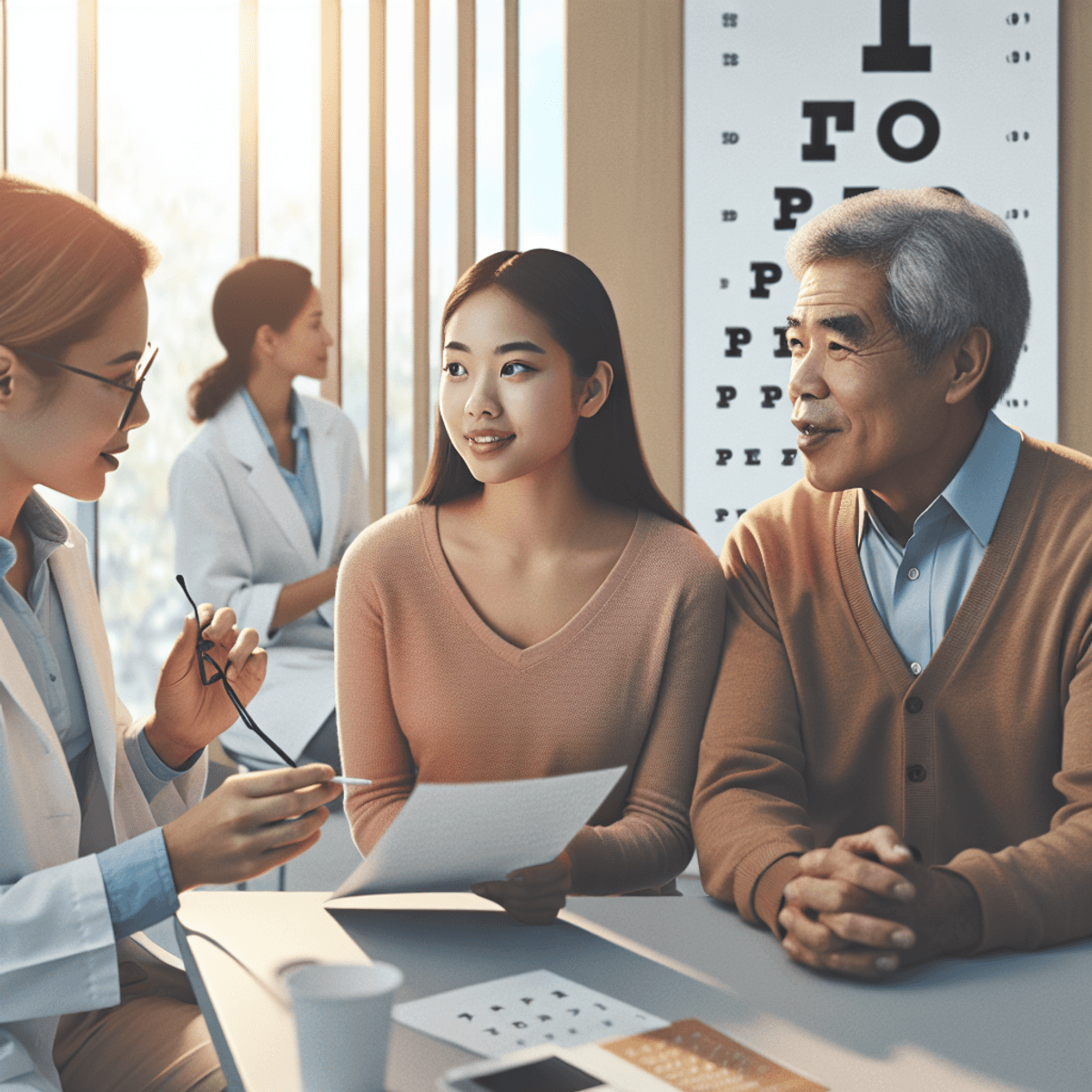 A Caucasian woman and an Asian man are seated in a brightly-lit, welcoming room, engaged in a conversation about eye health. They are attentively exam