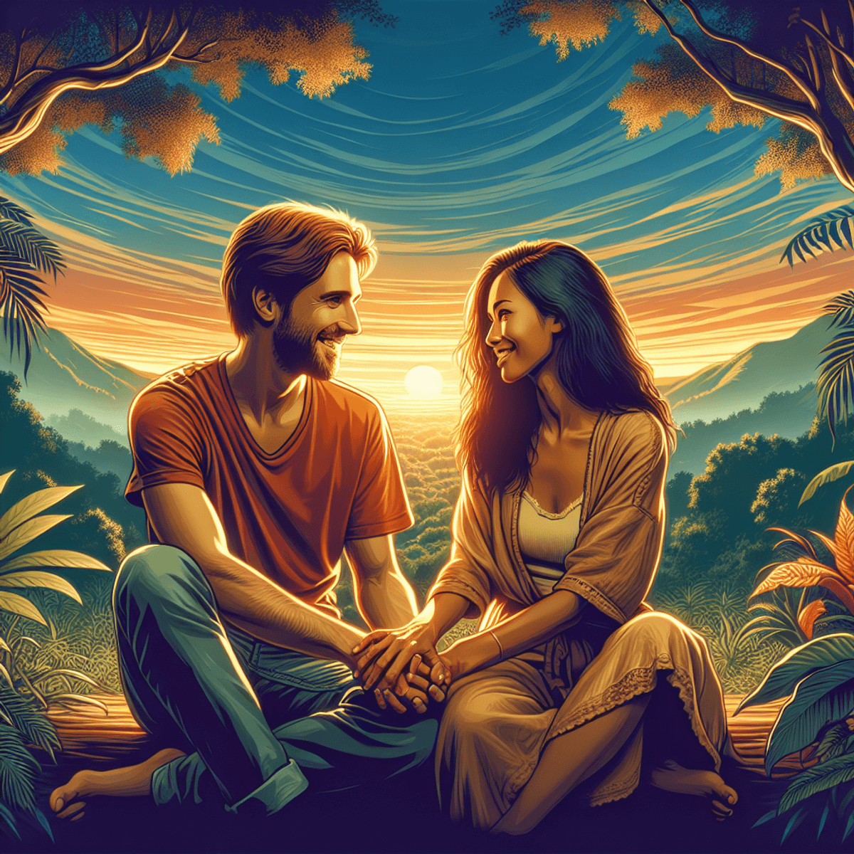 A Caucasian male and a Hispanic female sit together in a lush outdoor setting, holding hands and sharing warm smiles. The background features a pictur