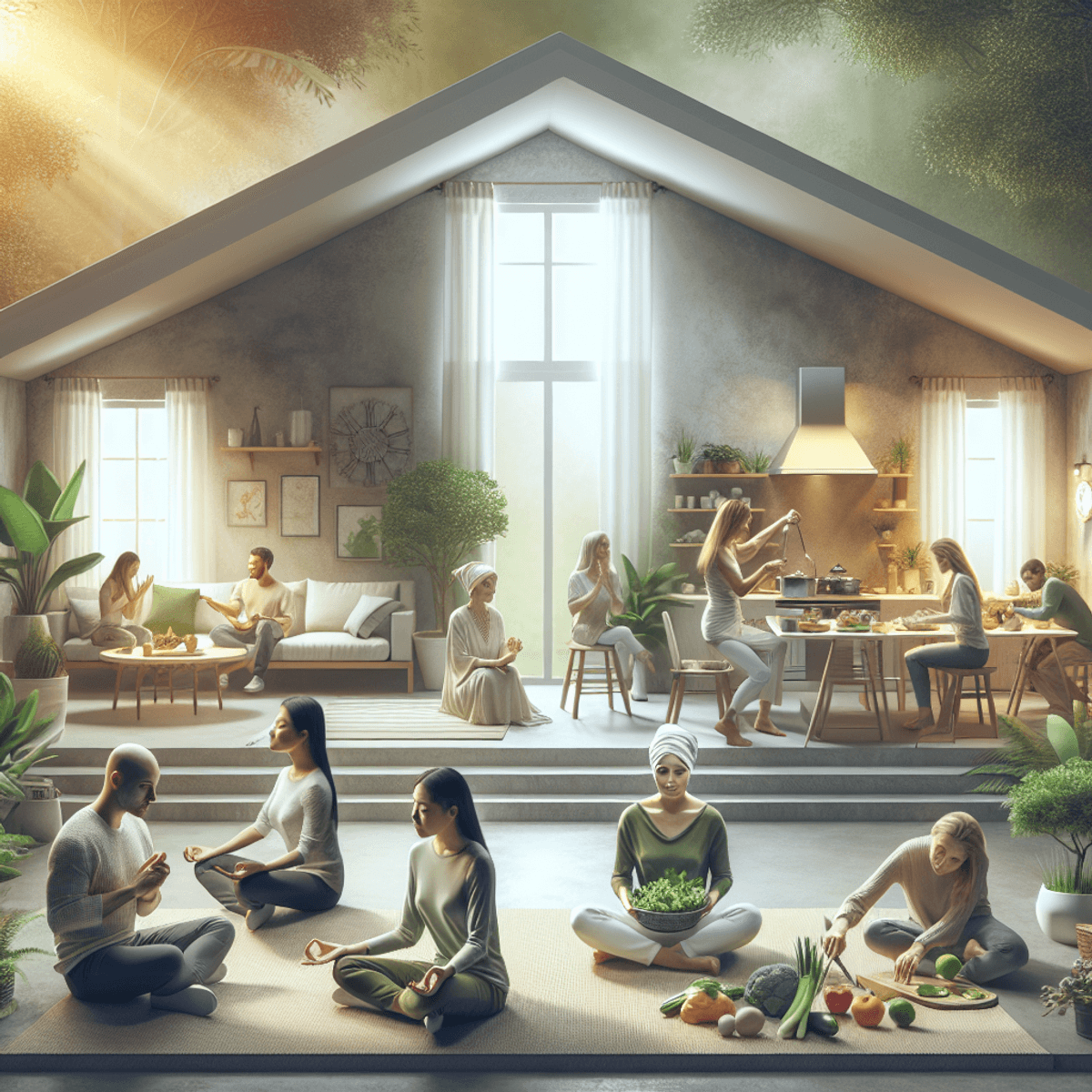 A serene home interior depicting a diverse group of individuals: a Caucasian person meditating peacefully on a yoga mat, an Asian individual cooking h